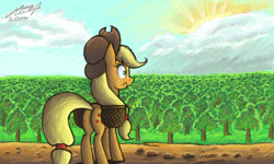 Size: 854x512 | Tagged: safe, artist:dreamyskies, applejack, pony, g4, amazed, apple, apple tree, applejack's hat, basket, cloud, cloudy, complex background, cowboy hat, detailed background, female, funny, hat, looking up, mare, morning, scenery, signature, solo, sun, surprised, tree