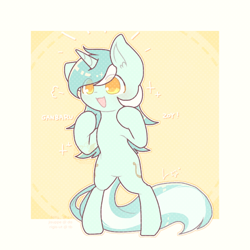 Size: 768x768 | Tagged: safe, artist:jisuppe, artist:rigis-ut, lyra heartstrings, pony, unicorn, g4, abstract background, bipedal, colored pupils, female, smiling, solo