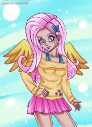 Size: 872x1200 | Tagged: safe, artist:unconventionalsenshi, fluttershy, human, g4, female, hand on hip, humanized, solo, winged humanization, wings