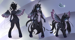Size: 3739x2000 | Tagged: safe, artist:fruitbloodmilkshake, oc, oc only, oc:starfall, alicorn, pony, anthro, unguligrade anthro, alicorn oc, black sclera, breasts, featureless breasts, featureless crotch, female, high res, horn, mare, pale belly, reference sheet, wings