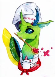 Size: 1024x1412 | Tagged: safe, artist:lailyren, oc, oc only, changedling, changeling, insect, bust, changeling oc, commission, cook, fanfic art, kiss the cook, male, portrait, solo, traditional art, watercolor painting