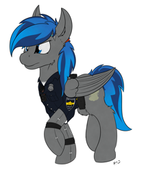 Size: 2767x3254 | Tagged: safe, artist:kamithepony, oc, oc only, oc:atom bomb, pegasus, pony, amputee, cyberpunk, female, high res, mare, police, police officer, police uniform, prosthetic limb, prosthetics, robotic arm, sierra nevada, simple background, solo, transparent background