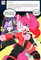 Size: 1644x2400 | Tagged: safe, artist:blackbewhite2k7, pinkie pie, rarity, g4, ask, batman, bipedal, blushing, catmare, catwoman, chest fluff, clothes, comic, cosplay, costume, dc comics, embarrassed, hair dye, hammer, harley quinn, pinkie quinn, redesign, tight