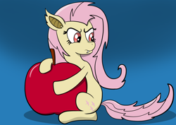 Size: 1912x1352 | Tagged: safe, artist:diaperdude, fluttershy, bat pony, g4, apple, bat ponified, flutterbat, food, grumpy, race swap