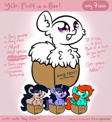Size: 3250x3528 | Tagged: safe, artist:php142, oc, oc only, oc:crescend cinnamon, oc:purple flix, earth pony, pegasus, pony, unicorn, box, chest fluff, commission, cute, female, fluffy, happy, high res, male, text, ych example, your character here