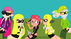 Size: 3200x1776 | Tagged: safe, artist:chlaneyt, artist:diamond-chiva, human, inkling, octoling, equestria girls, g4, agent 3 (splatoon), agent 4 (splatoon), agent 8 (splatoon), barely eqg related, base used, callie, clothes, crossover, cup, drink, equestria girls style, equestria girls-ified, food, glasses, inkling girl, marie, milkshake, nintendo, octo expansion, splatoon, splatoon 2, squid sisters, tea, teacup