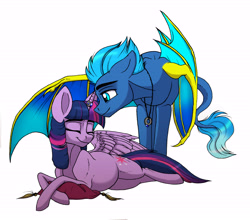Size: 5903x5196 | Tagged: safe, artist:celestial-rainstorm, twilight sparkle, oc, oc:blueflame, alicorn, dracony, dragon, hybrid, pony, g4, absurd resolution, belly, big belly, canon x oc, female, horn, horn ring, male, nuzzling, pillow, ponies breeding dragons, preglight sparkle, pregnant, prone, ring, simple background, smiling, spread wings, straight, twilight sparkle (alicorn), white background, wings