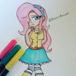 Size: 2048x2048 | Tagged: safe, artist:art_with_artemis, fluttershy, human, g4, clothes, female, hair over one eye, high res, humanized, skirt, solo, traditional art