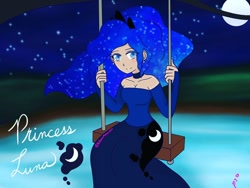 Size: 1080x810 | Tagged: safe, artist:art_with_artemis, princess luna, human, g4, choker, clothes, cutie mark, cutie mark on clothes, dress, ethereal mane, female, full moon, humanized, jewelry, moon, night, pond, sitting, smiling, solo, starry mane, stars, swing, text, tiara