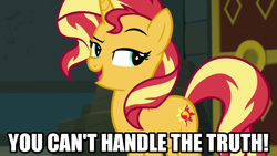 Size: 1280x720 | Tagged: safe, edit, edited screencap, screencap, sunset shimmer, pony, unicorn, equestria girls, equestria girls series, forgotten friendship, g4, a few good men, caption, female, image macro, mare, meme, movie reference, reference, smugset shimmer, solo, text