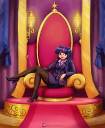 Size: 2000x2430 | Tagged: safe, artist:king-kakapo, twilight sparkle, human, g4, canterlot throne room, clothes, female, high heels, high res, humanized, legs, open mouth, pantyhose, scepter, shoes, sitting, skirt, skirt suit, solo, suit, throne