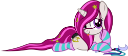 Size: 3720x1648 | Tagged: safe, alternate version, artist:lightning stripe, color edit, derpibooru exclusive, edit, oc, oc only, oc:zew, pony, unicorn, clothes, colored, commission, cute, cutie mark, female, filly, foal, horn, long mane, long tail, lying down, ocbetes, pink mane, prone, purple eyes, ribbon, show accurate, simple background, smiling, socks, solo, striped socks, tail wrap, thigh highs, transparent background, vector, wand, white coat