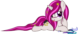 Size: 3720x1648 | Tagged: safe, artist:lightning stripe, derpibooru exclusive, oc, oc only, oc:zew, pony, unicorn, accessory-less edit, clothes, commission, cute, cutie mark, female, filly, foal, horn, long mane, long tail, lying down, missing accessory, ocbetes, pink mane, prone, purple eyes, ribbon, show accurate, simple background, smiling, solo, tail wrap, transparent background, vector, wand, white coat