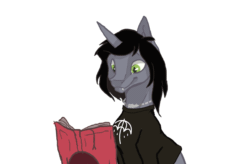 Size: 1100x720 | Tagged: safe, artist:darkoza, pony, unicorn, :p, animated, book, bust, clothes, commission, cute, disguise, disguised siren, fangs, gif, horn, jewelry, kellin quinn, looking at you, male, mlem, necklace, ponified, reading, shirt, silly, simple background, sleeping with sirens, slit pupils, solo, stallion, t-shirt, tongue out, white background, ych result