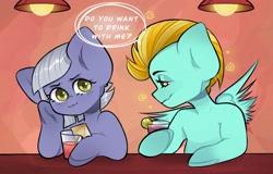 Size: 2224x1423 | Tagged: safe, artist:screpka, lightning dust, limestone pie, earth pony, pegasus, pony, g4, alcohol, cocktail, cocktail umbrella, commission, drink, drinking, drunk, female, flirting, glass, hoof hold, lesbian, lime, limedust, limestone pie is not amused, mare, raised hoof, shipping, unamused, ych result