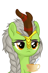 Size: 1700x2600 | Tagged: safe, artist:alfury, artist:shelinarts, oc, oc only, oc:golden koi, kirin, braid, cup, disappointed, male, simple background, solo, teacup, transparent background, trap, unamused, vector