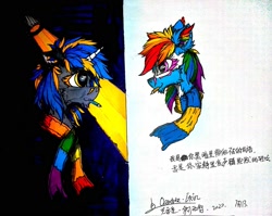 Size: 2014x1600 | Tagged: safe, artist:creature.exist, rainbow dash, oc, oc:dopami korpela, pegasus, pony, unicorn, g4, chinese, light, looking at each other, night, pencil, traditional art