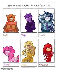 Size: 1078x1286 | Tagged: safe, artist:blue_beanz_101, pinkie pie, earth pony, echidna, human, pony, anthro, g4, angie yonaga, anthro with ponies, crossed arms, crossover, danganronpa, danganronpa 2, danganronpa v3, female, grin, ibuki mioda, knuckles the echidna, male, mare, sanders sides, six fanarts, smiling, sonic the hedgehog, sonic the hedgehog (series), your turn to die