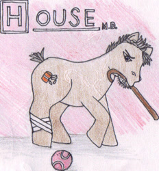 Size: 438x471 | Tagged: safe, artist:kimvaughan, earth pony, pony, g3, cane, crayon drawing, gregory house, house m.d., male, ponified, solo, traditional art