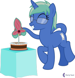Size: 4000x4151 | Tagged: safe, artist:parclytaxel, oc, oc only, oc:nova spark, monster pony, original species, pony, tatzlpony, unicorn, .svg available, absurd resolution, birthday cake, cake, candle, cute, cute little fangs, excited, fangs, female, food, glasses, mare, monthly reward, simple background, smiling, solo, tail maw, transparent background, vector