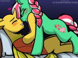 Size: 1280x947 | Tagged: safe, artist:jcosneverexisted, oc, oc only, oc:pepper, oc:ren the changeling, changeling, pony, bed, blushing, cuddling, eyes closed, female, interspecies, lying, male, peppen, reformed, shipping, yellow changeling