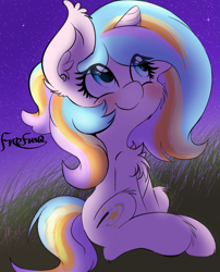 Size: 1715x2121 | Tagged: safe, artist:freefraq, oc, oc only, oc:oofy colorful, pony, unicorn, cheek fluff, chest fluff, ear fluff, female, grass, mare, night, night sky, signature, sitting, sky, solo, starry night