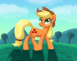 Size: 1500x1200 | Tagged: safe, artist:champion-of-namira, applejack, earth pony, pony, g4, cute, female, freckles, grass, hat, jackabetes, looking back, looking up, mare, smiling, solo, tree, walking