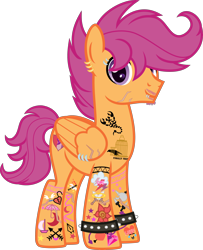 Size: 3500x4308 | Tagged: safe, artist:n0kkun, scootaloo, pegasus, pony, g4, alternate hairstyle, alternate universe, commission, cutie mark, ear piercing, earring, eyebrow piercing, facial hair, headcanon, high res, jewelry, lip piercing, male, older, older scootaloo, piercing, scar, simple background, solo, spiked wristband, stallion, stubble, tattoo, the cmc's cutie marks, trans male, transgender, transparent background, wing piercing, wristband