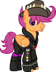 Size: 3500x4493 | Tagged: safe, artist:n0kkun, scootaloo, pegasus, pony, g4, alternate hairstyle, alternate universe, badge, boots, clothes, commission, ear piercing, earring, eyebrow piercing, facial hair, fingerless gloves, gloves, hat, headcanon, heart, high res, hoodie, jacket, jewelry, leather jacket, lip piercing, male, necklace, older, older scootaloo, piercing, pin, scar, shoes, shorts, simple background, socks, solo, spiked wristband, stallion, striped socks, stubble, tattoo, trans male, transgender, transparent background, wing piercing, wristband