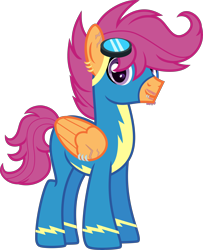 Size: 3500x4308 | Tagged: safe, artist:n0kkun, scootaloo, pegasus, pony, g4, alternate hairstyle, alternate universe, clothes, commission, ear piercing, earring, facial hair, goggles, headcanon, high res, jewelry, lip piercing, male, older, older scootaloo, piercing, scar, simple background, solo, stallion, stubble, trans male, transgender, transparent background, uniform, wing piercing, wonderbolt scootaloo, wonderbolts, wonderbolts uniform