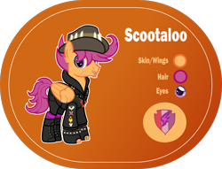 Size: 1400x1068 | Tagged: safe, artist:n0kkun, scootaloo, pegasus, pony, g4, alternate hairstyle, alternate universe, badge, boots, clothes, commission, cutie mark, ear piercing, earring, eyebrow piercing, facial hair, fingerless gloves, gloves, hat, headcanon, heart, hoodie, jacket, jewelry, leather jacket, lip piercing, male, necklace, older, older scootaloo, orange background, piercing, pin, reference sheet, scar, shoes, shorts, simple background, socks, solo, spiked wristband, stallion, striped socks, stubble, tattoo, the cmc's cutie marks, trans male, transgender, transparent background, wing piercing, wristband