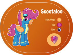 Size: 1400x1068 | Tagged: safe, artist:n0kkun, scootaloo, pegasus, pony, g4, alternate hairstyle, alternate universe, clothes, commission, cutie mark, ear piercing, earring, facial hair, goggles, headcanon, jewelry, lip piercing, male, older, older scootaloo, orange background, piercing, reference sheet, scar, simple background, solo, stallion, stubble, the cmc's cutie marks, trans male, transgender, transparent background, uniform, wing piercing, wonderbolt scootaloo, wonderbolts, wonderbolts uniform