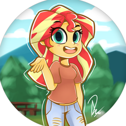 Size: 2000x2000 | Tagged: safe, artist:rivin177, sunset shimmer, equestria girls, g4, clothes, cute, female, high res, jeans, looking at you, open mouth, pants, ripped jeans, shimmerbetes, smiling, solo
