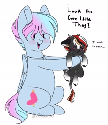 Size: 1771x2048 | Tagged: safe, artist:shinningblossom12, oc, oc only, oc:shinning blossom, earth pony, pegasus, pony, baby, baby pony, blushing, colored hooves, dialogue, duo, earth pony oc, female, holding a pony, jewelry, mare, necklace, pegasus oc, simple background, sleepy, smiling, tired, white background, wings