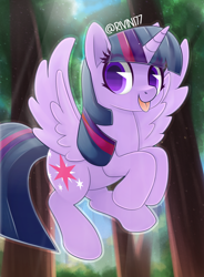 Size: 2800x3800 | Tagged: safe, artist:rivin177, twilight sparkle, alicorn, pony, g4, :p, colored pupils, cute, female, flying, forest, high res, solo, spread wings, tongue out, tree, twiabetes, twilight sparkle (alicorn), wings