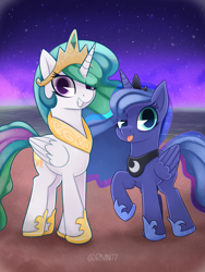 Size: 2800x3733 | Tagged: safe, artist:rivin177, princess celestia, princess luna, alicorn, pony, g4, :p, beach, colored pupils, cute, duo, female, high res, looking at you, mare, night, ocean, royal sisters, sisters, sky, smiling, stars, tongue out, water