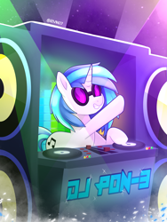 Size: 2800x3733 | Tagged: safe, artist:rivin177, dj pon-3, vinyl scratch, pony, unicorn, g4, dj booth, female, high res, mare, rave, smiling, solo, speaker, turntable