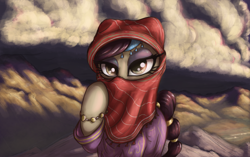 Size: 2500x1570 | Tagged: safe, artist:t72b, oc, oc only, earth pony, pony, saddle arabian, clothes, cloud, desert, eyeshadow, female, jewelry, looking at you, makeup, mare, mountain, mountain range, river, shawl, solo, sunset, thunderhead, valley