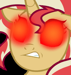 Size: 828x878 | Tagged: safe, artist:mellow91, edit, edited screencap, screencap, sunset shimmer, pony, unicorn, g4, black background, female, glowing eyes, grimace, gritted teeth, possessed, red eyes, simple background, solo