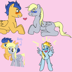 Size: 540x540 | Tagged: safe, artist:ponytots, derpy hooves, flash sentry, oc, g4, derp, derpsentry, female, heterochromia, male, missing cutie mark, offspring, parent:derpy hooves, parent:flash sentry, parents:derpsentry, pink background, shipping, simple background, straight