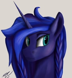 Size: 1600x1728 | Tagged: safe, artist:tenebrisnoctus, princess luna, alicorn, pony, g4, alternate hairstyle, braided pigtails, bust, female, mare, portrait, signature, simple background, smiling, solo
