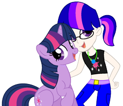 Size: 876x762 | Tagged: safe, artist:loladreamteam, artist:lullabyprince, twilight sparkle, human, pony, unicorn, g4, alternate hairstyle, base used, belt, clothes, duo, female, glasses, human ponidox, humanized, jeans, jewelry, mare, midriff, necklace, open mouth, pants, ponytail, raised hoof, self paradox, self ponidox, simple background, tank top, transparent background, unicorn twilight
