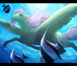 Size: 1105x952 | Tagged: safe, artist:lou1911, fluttershy, fish, pegasus, pony, g4, female, mare, signature, spread wings, swimming, underwater, wings