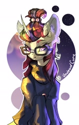 Size: 1221x1920 | Tagged: safe, artist:undeadcure, moondancer, pony, unicorn, g4, abstract background, bust, clothes, female, glasses, lidded eyes, looking at you, mare, portrait, smiling, solo, sweater