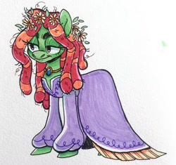 Size: 1024x961 | Tagged: safe, artist:fulicioustm, tree hugger, earth pony, pony, g4, make new friends but keep discord, clothes, dress, female, flower, flower in hair, gala dress, jewelry, mare, necklace, smiling, solo