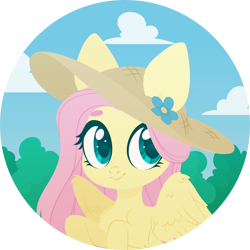 Size: 4000x4000 | Tagged: safe, artist:belka-sempai, fluttershy, pegasus, pony, g4, absurd resolution, chest fluff, cloud, cottagecore, cute, female, flower, hat, leg fluff, mare, partially open wings, shyabetes, sky, smiling, solo, sun hat, wings