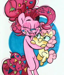 Size: 1024x1190 | Tagged: safe, artist:fulicioustm, li'l cheese, pinkie pie, earth pony, pony, g4, the last problem, candy, confetti, cute, female, filly, food, happy, lollipop, mare, messy mane, messy tail, mother and child, mother and daughter, older, older pinkie pie