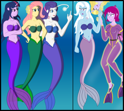 Size: 1999x1784 | Tagged: safe, artist:physicrodrigo, part of a set, fluttershy, fuchsia blush, lavender lace, rarity, trixie, twilight sparkle, angler fish, fish, mermaid, series:equestria mermaids, equestria girls, g4, 2 panel comic, :t, air tank, belly button, bra, breasts, bubble, busty fluttershy, busty fuchsia blush, busty rarity, busty trixie, busty twilight sparkle, cleavage, crossed arms, ear fins, flippers (gear), frown, gills, glowing, hand on hip, happy, magic, mermaidized, mermarity, oh crap, open mouth, part of a series, raised eyebrow, raised finger, rebreather, scuba gear, seashell bra, smiling, species swap, story included, transformation, trixie and the illusions, underwater, upside down, wetsuit, wrist grab