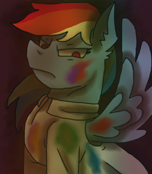 Size: 1400x1600 | Tagged: safe, artist:theedgyduck, rainbow dash, pegasus, pony, fanfic:rainbow factory, g4, clothes, female, lab coat, looking at you, mare, rainbow factory dash, scowl, simple background, solo