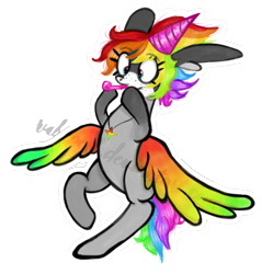Size: 744x777 | Tagged: safe, artist:twilightcomet, oc, oc only, pegasus, pony, clown, colored wings, female, hat, jewelry, mare, multicolored hair, multicolored wings, necklace, one layer, party hat, party horn, pegasus oc, rainbow hair, rainbow wings, signature, simple background, solo, transparent background, wings
